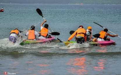 <p><strong>WATER SPORT.</strong> A kayak race in the open sea of Borongan City, Eastern Samar on Sept. 3, 2023. The city government of Borongan in Eastern Samar is organizing a series of kayak races to attract water sports lovers from different parts of the country. (<em>Photo courtesy of Borongan City government</em>)</p>
