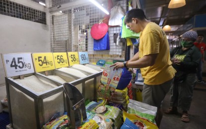 <p><strong>PRICE CEILING.</strong> A store retailer displays rice and its prices in accordance with the nationwide implementation of the new price ceiling for rice at the Quinta Market in Quiapo, Manila on Tuesday (Sept. 5, 2023). The Police Regional Office 4-B (Mimaropa) will intensify the information drive on the existing price ceiling set by Executive Order 39, which is at PHP41 per kg. for regular milled rice and PHP45 per kg. for well-milled rice. <em>(PNA photo by Yancy Lim)</em></p>