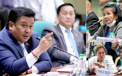 <p><strong>MALTREATMENT.</strong> Senator Jinggoy Estrada (left) asks couple France and Pablo Ruiz (lower right photo), former employers of <em>kasambahay </em>(household help) Elvie Vergara (upper right photo), about their alleged maltreatment and abuse against her during the resumption of the Justice and Human Rights Committee's inquiry on Sept. 5, 2023. In his privilege speech delivered on Wednesday (Sept. 13, 2023), Estrada has sought to provide more security for Vergara and the witness only identified as "Dodong". <em>(PNA photos by Avito C. Dalan) </em></p>