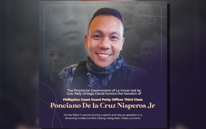 <p><strong>HERO.</strong> The La Union provincial government honors Philippine Coast Guard Petty Officer Third Class Ponciano dela Cruz Nisperos Jr. who died during a search and rescue operation in a river in Tubao town, La Union on Tuesday (Sept. 5,2023). The officer was part of the team dispatched to search and rescue a 10-year-old boy who went missing and allegedly drowned in the river. <em>(Photo courtesy of Provincial Government of La Union)</em></p>