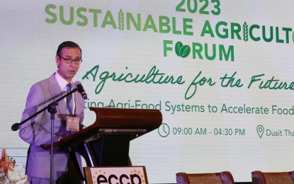<p><strong>SUSTAINABLE AGRICULTURE.</strong> European Chamber of Commerce of the Philippines (ECCP) President Paulo Duarte delivers his welcome remarks at the 2023 Sustainable Agriculture Forum at Dusit Thani Manila in Makati City on Thursday (Sept. 7, 2023). The ECCP is pushing for innovations in the country’s agriculture sector to ensure food security and preserve the ecosystems for the future generations. <em>(PNA photo by Avito Dalan)</em></p>