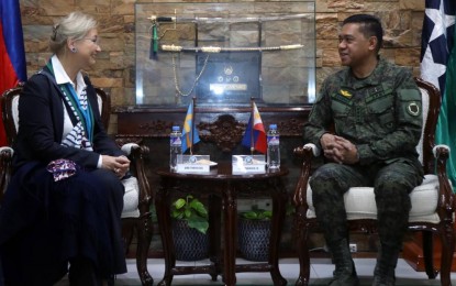 <p><strong>COURTESY CALL</strong>. AFP chief Gen. Romeo Brawner Jr. (right) meets with Sweden Ambassador to the Philippines Annika Thunborg (left) during her courtesy visit at the AFP General Headquarters on Friday (Sept. 8, 2023) in Camp Aguinaldo, Quezon City. The two officials discussed the acquisition of multi-role fighters and the recent developments in the West Philippine Sea, among others. <em>(Photo courtesy of the AFP) </em></p>