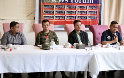 <p><strong>FORUM.</strong> University of Santo Tomas Political Science Department professor Dr. Froilan Calilung, Armed Forces of the Philippines spokesperson Col. Medel Aguilar, National Security Council Assistant Director General Jonathan Malaya, and Philippine Coast Guard spokesperson for the West Philippine Sea Commodore Jay Tarriela (from left) speak to the media at the Saturday News Forum in Quezon City on Sept. 9, 2023. The officials said the latest supply mission to the Ayungin Shoal confirmed the active role of Chinese militia in harassing Philippine vessels. <em>(PNA photo by Robert Oswald P. Alfiler)</em></p>
<p class="p1"> </p>
