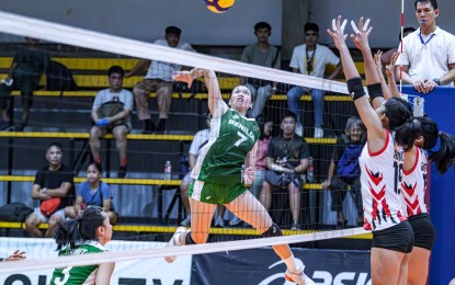 <p><strong>TOP SCORER.</strong> College of Saint Benilde opposite hitter Jhasmine Gayle Pascual (No. 7) prepares to return the ball against two defenders from University of the East during the V-League Women’s Collegiate Challenge at Paco Arena in Manila on Sunday (Sept. 10, 2023). The Lady Blazers stunned the erstwhile-unbeaten Lady Warriors, 23-25, 25-22, 29-27, 25-18. <em>(Photo courtesy of V-League)</em></p>