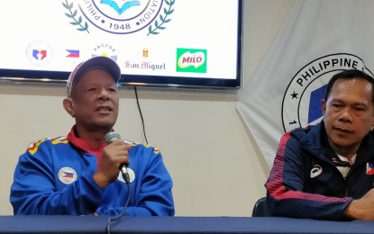 <p><strong>OPTIMISTIC</strong>. National coaches Dario De Rosas (left) and Isidro Del Prado discuss the preparation of the national athletics team for the 19th Asian Games during the Philippine Sportswriters Association (PSA) forum at the Philippine Sports Commission conference hall inside the Rizal Memorial Sports Complex on Tuesday (Sept. 12, 2023). Pole vaulter Ernest John "EJ" Obiena will banner the team. <em>(PNA photo by Jean Malanum)</em></p>