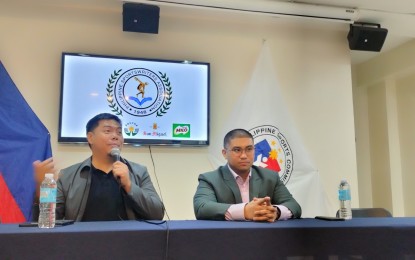 <p><strong>ESPORTS</strong>. Dark League Studios CEO AC Valdenor (left) talks about programs eyed to promote esports in the country during the Philippine Sportswriters Association Forum at the Conference Hall of the Philippine Sports Commission inside the Rizal Memorial Sports Complex on Tuesday (Sept. 12, 2023). With him is brand manager Dan Cubangay.<em> (PNA photo by Jean Malanum)</em></p>