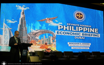 <p><strong>PH ECONOMIC BRIEFING</strong>. Finance Secretary Benjamin Diokno speaks at the Philippine Economic Briefing held in Dubai, United Arab Emirates (UAE) on Tuesday (Sept. 12, 2023). The briefing and several other investor meetings are part of the economic team’s first non-deal roadshow and briefings in the Middle East. <em>(Photo courtesy of NEDA)</em></p>