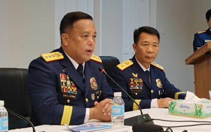 <p><strong>INTERNAL CLEANSING.</strong> Lt. Gen. Rhodel Sermonia, Philippine National Police (PNP) deputy chief for administration (left) and Brig. Gen. Vincent Calanoga, regional director for Eastern Visayas, during a press briefing at the police regional office in Palo, Leyte, on Tuesday (Sept. 12, 2023). Sermonia said about half of the police force in the country submitted to drug testing this year. (<em>PNA photo by Sarwell Meniano</em>)</p>