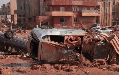 <p><strong>DELUGE.</strong> The aftermath of floods in Libya on Sunday (Sept. 10, 2023). More than 3,000 people have been reported dead and thousands remain unaccounted for after floods caused by Storm Daniel, made even worse by the collapse of two dams, struck Derna in eastern Libya.<em> (Anadolu photo)</em></p>