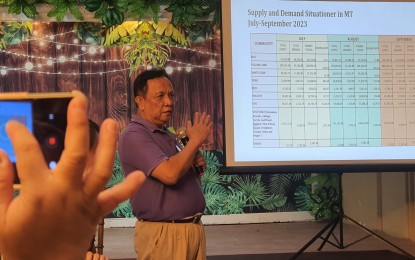 <p><strong>RICE SUPPLY.</strong> Larry Paraluman, Department of Agriculture-Northern Mindanao chief of the agribusiness and marketing division, shows the supply and demand index in the region on Thursday (Sept. 14, 2023). Paraluman said the region will recover its rice supply when the harvest season in October begins.<em> (PNA photo by Nef Luczon)</em></p>