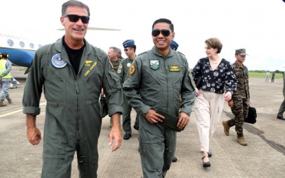 <p><strong>EDCA SITES VISIT.</strong> US Indo-Pacific Command chief Admiral John Aquilino (left), AFP chief Gen. Romeo Brawner Jr. and US Ambassador to Manila MaryKay Carlson arrive at the Basa Air Base in Pampanga on Wednesday (Sept. 13, 2023) to visit EDCA projects in the area. The three officials also visited EDCA sites in Lal-lo Airport and Naval Base Camilo Osias, both in Cagayan province.<em> (Photo courtesy of AFP)</em></p>