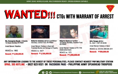 <p><strong>WANTED.</strong> The Philippine Army’s 3rd Infantry (Spearhead) Division (3ID) asks for any information leading to the arrest of top leaders of the Communist Party of the Philippines-New People’s Army (CPP-NPA) in the Panay and Negros islands. Lt. Col. J-Jay Javines, chief of the 3rd Division Public Affairs Office (DPAO), in an interview on Thursday (Sept. 14, 2023) said they remain a threat to the Oct. 30 polls because they can still provide direction to their people while on the loose. <em>(PNA photo courtesy of 3rd DPAO)</em></p>
<p> </p>
