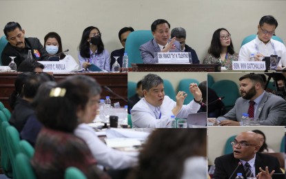 <p><strong>SPECIAL PANEL ON PH MARITIME ZONES. </strong>Senator Francis Tolentino (center, top photo), along with Senators Robinhood Padilla (left) and Sherwin Gatchalian, presides over the newly created Special Committee on Philippine Maritime and Admiralty Zones during the organizational meeting and public hearing on the establishment of maritime zones, at the Senate on Thursday (Sept. 14, 2023). Tolentino said the Senate earlier approved Senate Resolution 76, creating the special committee, which will have jurisdiction to study and report all matters, including all measures relating to archipelagic baselines, maritime zones, archipelagic sea lands, and other incidental matters. <em>(PNA photos by Avito Dalan) </em></p>