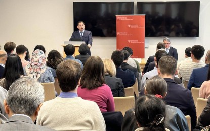 <p><strong>ACHIEVEMENT UNLOCKED.</strong> Speaker Ferdinand Martin Romualdez delivers a policy speech at Harvard University’s John F. Kennedy School of Government in Boston, Massachusetts, USA in April 2023, attended by university officials, faculty members and students. He said the introduction of a Tagalog course in the university’s academic offerings is a source of great national pride.<em> (Photo courtesy of HRep website)</em></p>