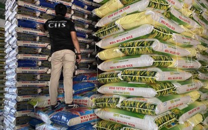 <p><strong>FIGHTING SMUGGLING.</strong> A Customs officer inspects imported rice found in an inspection of three warehouses in Tondo, Manila on Sept. 16, 2023. The Bureau of Customs (BOC) on Monday said a total of 36,086 sacks of imported rice from Vietnam, Thailand, and Myanmar worth PHP90.2 million and miscellaneous goods worth PHP310 million were found during the inspection. <em>(Photo courtesy of BOC)</em></p>