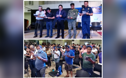 <p><strong>PEACE COVENANT.</strong> Hundreds of aspirants for the Barangay and Sangguniang Kabataan Elections (BSKE) in Dumaguete City, Negros Oriental, take their oath for peaceful polls during the launching of the '"Ang Maayong Politiko"  campaign on Tuesday (Sept. 19, 2023). The province of Negros Oriental has been placed under Comelec control for the upcoming BSKE. <em>(PNA photo by Judy Flores Partlow)</em></p>