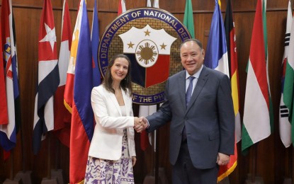 <p><strong>HELPING AFP MODERNIZATION.</strong> French Ambassador-designate Marie Fontanel-Lassalle (left) pays an introductory call to Department of National Defense Secretary Gilberto C. Teodoro Jr. on Sept. 14, 2023. The DND on Wednesday (Sept. 20) said the two officials tackled other areas of cooperation aside from the AFP modernization program and the Philippines' development of a submarine force. <em>(Photo courtesy of the DND)</em></p>