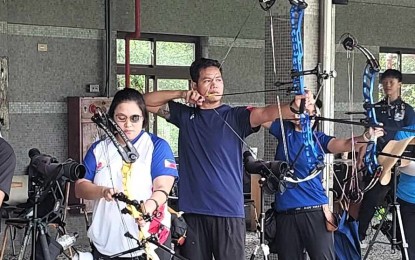 <p><strong>TRAINING CAMP</strong>. Philippine archery team members (L-R) Amaya Cojuangco, Paul Marton dela Cruz and Andrea Robles (partly hidden) at the National Taiwan Sport University (NTSU) in Taoyuan City. The archers trained at the NTSU from Sept. 2 to 15, 2023 to prepare for the forthcoming Hangzhou Asian Games. <em>(Photo courtesy of Joy Mariño)</em></p>