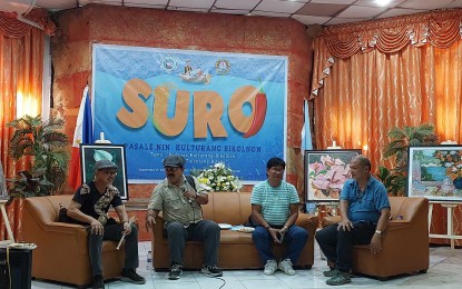 <p><strong>BICOL’S FINEST</strong>. Local art luminaries Noel Muñoz, Felipe Peralta, Francisco Mitra and Frank Penoñes Jr. (left to right) top bill Bicol University’s cultural show, "Suro: Pasale nin Kulturang Bikolnon" to celebrate the region’s rich artistry and vibrant cultural heritage.<em> (PNA photo by Gladys Serafica)</em></p>