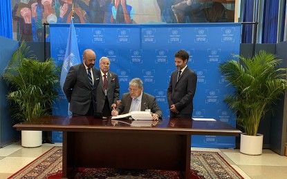 <p style="text-align: left;"><strong>PROTECTING THE HIGH SEAS.</strong> Foreign Affairs Secretary Enrique Manalo signs the BBNJ Agreement at an event on the sidelines of the 78th United Nations General Assembly in New York on Sept. 20, 2023. The agreement, also known as the High Seas Treaty, sets up a framework for fair and equitable sharing of benefits arising from activities with respect to marine genetic resources in areas beyond national jurisdiction. <em>(Photo courtesy of DFA Secretary Manalo)</em></p>