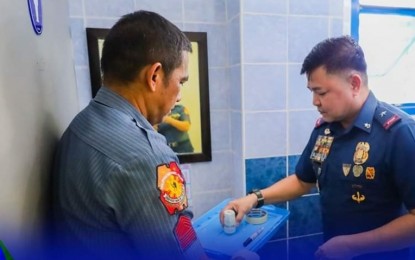 <p><strong>DRUG-FREE FORCE.</strong> A ranking official of the PRO 4-B (Mimaropa) submits a urine sample during the surprise drug test at the PRO 4-B headquarters in Calapan City, Oriental Mindoro on Wednesday (Sept. 20, 2023). All 42 officials of the PRO 4-B, including its chief Brig. Gen. Joel Doria, tested negative for illegal drugs. <em>(Photo courtesy of PRO 4-B)</em></p>