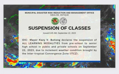 <p><strong>CLASS SUSPENSION.</strong> Six local government units (LGUs) in Antique province suspended classes due to the heavy rains caused by the inter-tropical convergence zone (ITCZ) on Friday (Sept. 22, 2023). Michael Tolentino, Local Disaster Risk Reduction and Management Officer (DRRM) III, said only one family in Belison town had been preemptively evacuated due to possible flooding in the area. <em>(PNA photo courtesy of Sibalom LGU)</em></p>