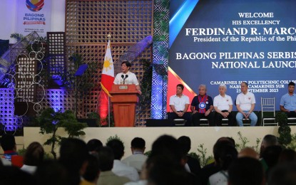 <p><strong>‘BAGONG PILIPINAS.’</strong> President Ferdinand R. Marcos Jr. leads the simultaneous national launch of the Bagong Pilipinas Serbisyo Fair in Nabua, Camarines Sur Saturday (Sept. 23, 2023). The two-day caravan is intended to be replicated in every province to speed up the delivery of government services. <em>(PNA photo by Joan Bondoc)</em></p>