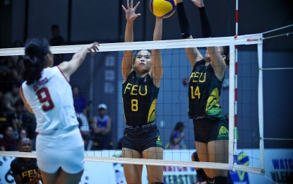 <p><strong>BLOCKED.</strong> Far Easter University's Mitzi Panangin (No. 8) and Kiesha Dazzie Bedonia block Perpetual's Charmaine Mae Ocado during Game 3 of their Women's V-League Collegiate Challenge semifinal series at Paco Arena in Manila on Sunday (Sept. 24, 2023). The Lady Tamaraws won, 25-16, 25-20, 25-17, to reach the finals against the College of Saint Benilde Lady Blazers. <em>(Photo courtesy of V-League)</em></p>