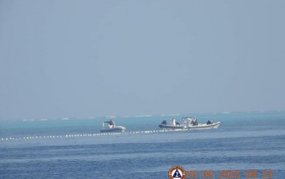 <p>An estimated 300-meter long floating barrier laid by the China Coast Guard at the southwest entrance of Bajo de Masinloc in September <em>(File photo courtesy of PCG)</em></p>
