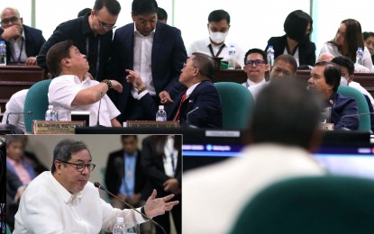 <p><strong>FOR CONFIRMATION. </strong>Health Secretary Teodoro J. Herbosa (inset) answers questions from members of the Commission on Appointment led by Senate President Juan Miguel Zubiri and Senator Christopher Lawrence Go (both seated, top photo), chair  of the Committee on Health and Demography during the deliberation of Herbosa's ad interim appointment on Tuesday (Sept. 26, 2023). The deliberation will continue when Congress resumes session in November. <em>(PNA photo by Avito Dalan) </em></p>