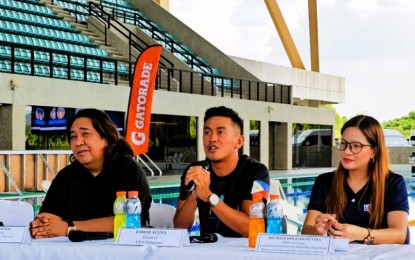 <p><strong>FREEDIVING.</strong> The 1st AIDA Philippines National Freediving Pool Championship was launched at the New Clark City Aquatics Center in Capas, Tarlac on Thursday (Sept. 28, 2023). Leading the press conference are (from left) Department of Tourism Region 3 Director Richard Daenos, AIDA Philippines President Romar Acuña and Bases Conversion Development Authority Officer-in-Charge for Investment Promotions and Marketing Department (IPMD) Michelle San Juan-De Vera.<em> (PNA photo by Jean Malanum)</em></p>