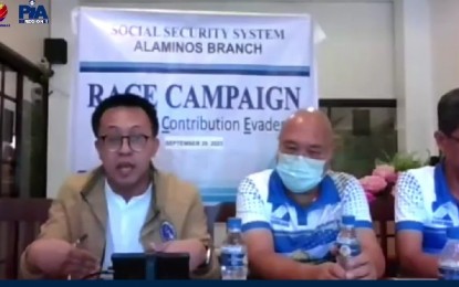 <p><strong>RACE CAMPAIGN</strong>. Social Security System Alaminos City branch head Alvin Altre (left), SSS Luzon Central legal department lawyer Einstein Eugenio (middle), and SSS Alaminos City senior analyst Gerardo Tabra speak at a virtual press conference on Friday (Sept. 29, 2023). The SSS Alaminos held a raid against delinquent employers as part of their Run After Contribution Evaders campaign. <em>(Photo courtesy of PIA Pangasinan)</em></p>