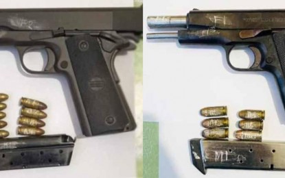<p><strong>GUN BAN.</strong> The two handguns and ammunition seized from two Chinese nationals in San Rafael, Bulacan on Saturday (Sept. 30, 2023). Cao Jie and Jia Zi Cong were arrested for violation of the election gun ban. <em>(Photo courtesy of San Rafael PNP)</em></p>