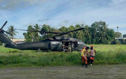 <p><span data-preserver-spaces="true"><strong>IDENTIFIED.</strong> The Blackhawk helicopter of the Philippine Air Force airlifts the cadavers of slain members of the Southern Front (SF), Komiteng Rehiyon (KR) – Panay from the site of the encounter in Brgy. Cagay to Leon Central Elementary School in the afternoon of Saturday (Sept. 30, 2023). Relatives of the deceased positively identified the cadavers, said Lt. Col. J-Jay Javines, chief of the 3rd Division Public Affairs Office (3DPAO), in an interview on Sunday (Oct. 1). (<em>PNA photo courtesy of 3ID, Philippine Army</em>)</span></p>
<p> </p>