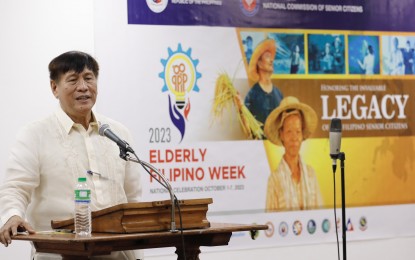 <p><strong>5-YEAR ACTION PLAN.</strong> National Commission of Senior Citizens Chairperson Franklin Quijano delivers a speech during the launch of the five-year Philippine Plan of Action for Senior Citizens at the Mabini Social Hall of Malacañang Palace, Manila on Monday (Oct. 2, 2023). The action plan aims to create an inclusive and age-friendly society that safeguards the rights and privileges, as well as the health and well-being, of senior citizens nationwide. <em>(PNA photo by Rey Baniquet)</em></p>