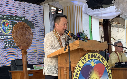 <p><strong>RESILIENCE.</strong> Gov. Nilo Demerey Jr. of Dinagat Islands says during his State of the Province Address (SOPA) on Sunday (Oct. 1, 2023) the gains of the province more than a year after the onslaught of Typhoon Odette. The SOPA was among the culminating activities of the weeklong 'Bugkosan sa Isla 2023 Festival coinciding with the province’s 17th charter day. <em>(PNA photo by Alexander Lopez)</em></p>