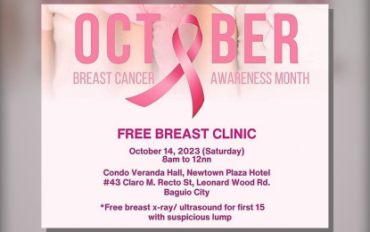 <p><strong>FREE BREAST SCREENING</strong>. Free breast screening services will be available at the Newtown Condo Hotel <span dir="ltr">on Oct. 14, 2023</span> as part of the activities for Breast Cancer Awareness Month. Advocates, mostly breast cancer survivors, call for early detection, which is the best protection that a person can receive, through the help of organizations where the members find strength from each other. <em>(Photo from Marivic Bugasto FB account)</em></p>
<p> </p>
