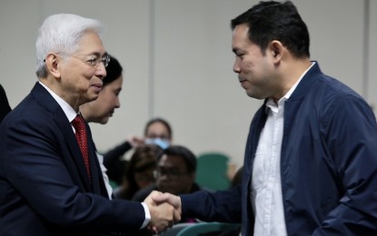 <p><strong>DTI BUDGET</strong>. Department of Trade and Industry (DTI) Secretary Alfredo Pascual (left) shakes hands with Senator Mark Villar after leading the presentation of the agency’s proposed 2024 budget during the Finance Subcommittee "M" hearing on Tuesday (Oct. 3, 2023). DTI is seeking a consolidated budget of PHP7.9 billion under the 2024 National Expenditure Program which was approved by the panel chaired by Villar. <em>(Photo courtesy of Senate PRIB) </em></p>