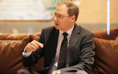 <p class="p1"><strong>PH-RUSSIA TRADE.</strong> Russian Deputy Minister of Industry and Trade Alexey Gruzdev during an interview in Pasay City on Thursday (Oct. 5, 2023). He said Russia is interested in increasing and diversifying its imports from the Philippines from canned tuna to more tropical fruits. <em>(PNA photo by Jesus Escaros)</em></p>
