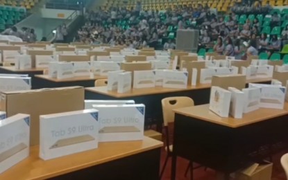 <p><strong>LEARNING GADGETS.</strong> Some of the 3,555 tablets distributed by the Victorias city government in Negros Occidental to public school students during the World Teachers’ Day celebration on Thursday (Oct. 5, 2023). Mayor Javier Miguel Benitez said the city's dream of a global city must start with a "global classroom.” <em>(Contributed photo)</em></p>