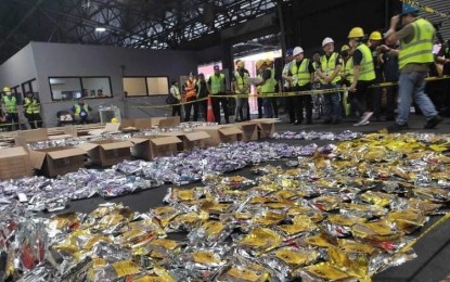 <p><strong>BIG HAUL.</strong> Authorities make an inventory of a shipment containing over 200 kg. of shabu at the Manila International Container Port on Thursday (Oct. 5, 2023). The PNP said it has received intelligence information that the shipment is from Mexico. <em>(Contributed photo)</em></p>