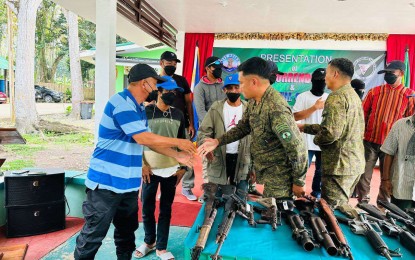 <p><strong>ASG SURRENDER.</strong> Fourteen members of the Abu Sayyaf Group with their supporters surrendered to the troops under the 101st Infantry Brigade (Bde) in Isabela City, Basilan, on Wednesday (Oct. 4, 2023). The surrenderers are currently undergoing custodial debriefing while their firearms were initially deposited at the 101Bde headquarters. <em>(Photo courtesy of Westmincom)</em></p>