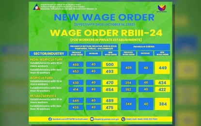 <p><strong>WAGE HIKE</strong>. Minimum wage earners in Central Luzon will receive the new daily wage increase starting Oct. 16, 2023. This is pursuant to Wage Order No. RBIII-24 that mandates a PHP40 increase in the daily minimum wage of workers in private establishments in the region.<em> (Infographic courtesy of RTWPB Region 3)</em></p>