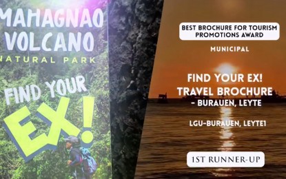 <p><strong>AWARDEE.</strong> The best travel brochure award earned by the local government unit of Burauen, Leyte. The brochure promotes Mahaganao Volcano Natural Park's “Excitement, Exhilaration, and Experience.” (Photo courtesy of Burauen LGU)</p>
<p> </p>
<p> </p>