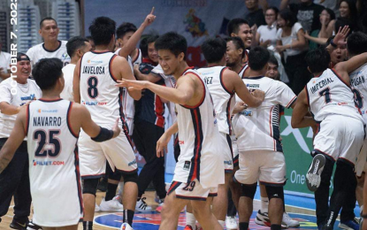 <p><strong>UPSET</strong>. The eighth-seeded Iloilo United Royals celebrate after an 89-86 come-from-behind win against top-seeded Bacoor City Strikers in Game 1 of their Maharlika Pilipinas Basketball League South Division first-round playoff series at Bacoor City Strike Gymnasium, Cavite on Saturday night (Oct. 7, 2023). CJ Catapusan hit a buzzer-beating triple as Iloilo completed a comeback from 23 points down in the opener of the best-of-three series. <em>(Photo courtesy of MPBL Facebook)</em></p>