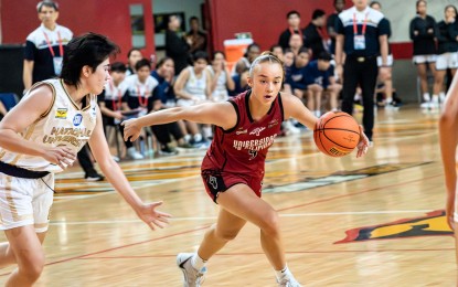 <p><strong>FIRST GAME</strong>. Rookie Louna Ozar (No. 9) sees action for the first time for University of the Philippines, which defeated National University, 72-69, in the UAAP Season 86 women's basketball at the UST Quadricentennial Pavilion in Manila on Sunday (Oct. 8, 2023). Ozar, coming off the Philippine campaign in the 19th Asian Games in China, scored nine points, including two in the final 2.5 seconds. <em>(UAAP photo)</em></p>