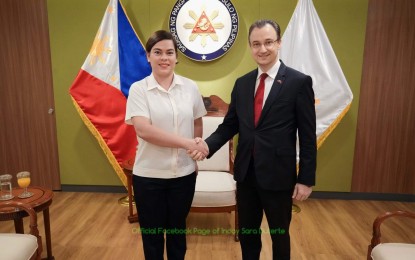 <p><strong>COLLABORATION</strong>. Vice President and Education Secretary Sara Z. Duterte (left) announces on Tuesday (Oct. 10, 2023), through her official Facebook page, her recent meeting with Turkish Ambassador to the Philippines Niyazi Evren Akyol (right) to discuss strengthening the partnership between Philippines and Turkiye in education and security. Akyol vowed to provide scholarships for young Filipinos as well as support for the government's push to maintaining lasting peace in Mindanao. <em>(Photo courtesy of the OVP) </em></p>