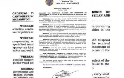 <p><strong>CLOSED.</strong> Executive Order No. 23 series of 2023 signed by Cebu Governor Gwendolyn Garcia temporarily closing the canyoneering sites in two southern towns in the province effective Wednesday (Oct. 11, 2023). Garcia said the suspension of canyoneering activities was decided over issues concerning the safety of tourists. <em>(Contributed photo)</em></p>