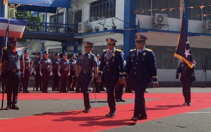 <p><strong>HIGH TRUST RATINGS</strong>. Philippine National Police chief Gen. Benjamin Acorda Jr. (center) attends the 122nd Police Service Anniversary celebration of the Police Regional Office in Bicol (PRO5) at its headquarters in Legazpi City on Friday (Oct. 13, 2023). He thanked the Bicolanos for the high trust ratings gained by PRO5 and commended the police personnel for the achievement. <em>(PNA photo by Connie Calipay)</em></p>