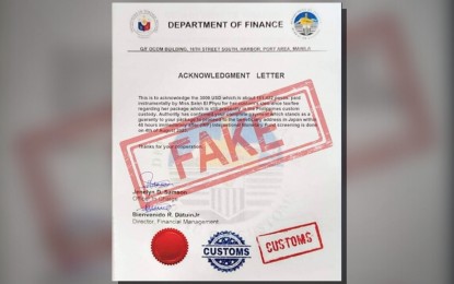 <p><strong>FAKE PROOF OF PAYMENT</strong>. The Bureau of Customs (BOC) warns the public against scammers requiring fees to claim parcels or packages on Friday (Oct. 13, 2023). The BOC said these scammers use fake acknowledgment letters as fraudulent proof of payment. <em>(Photo courtesy: Bureau of Customs)</em></p>